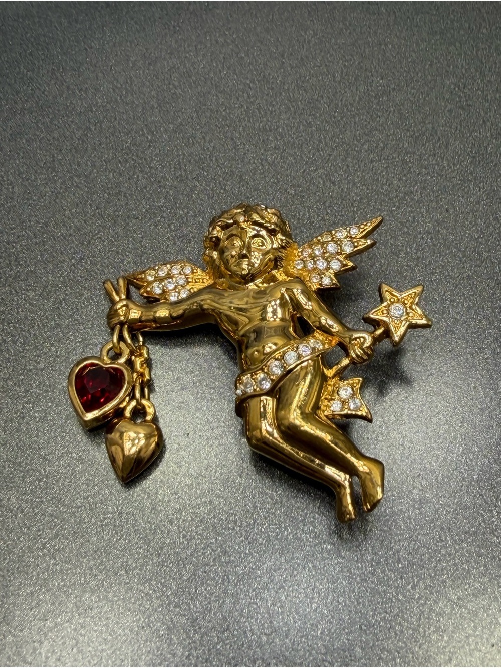 🙈2/$40 Swarovski Gold Cherub Angel Brooch with Red Heart Accent #61sb